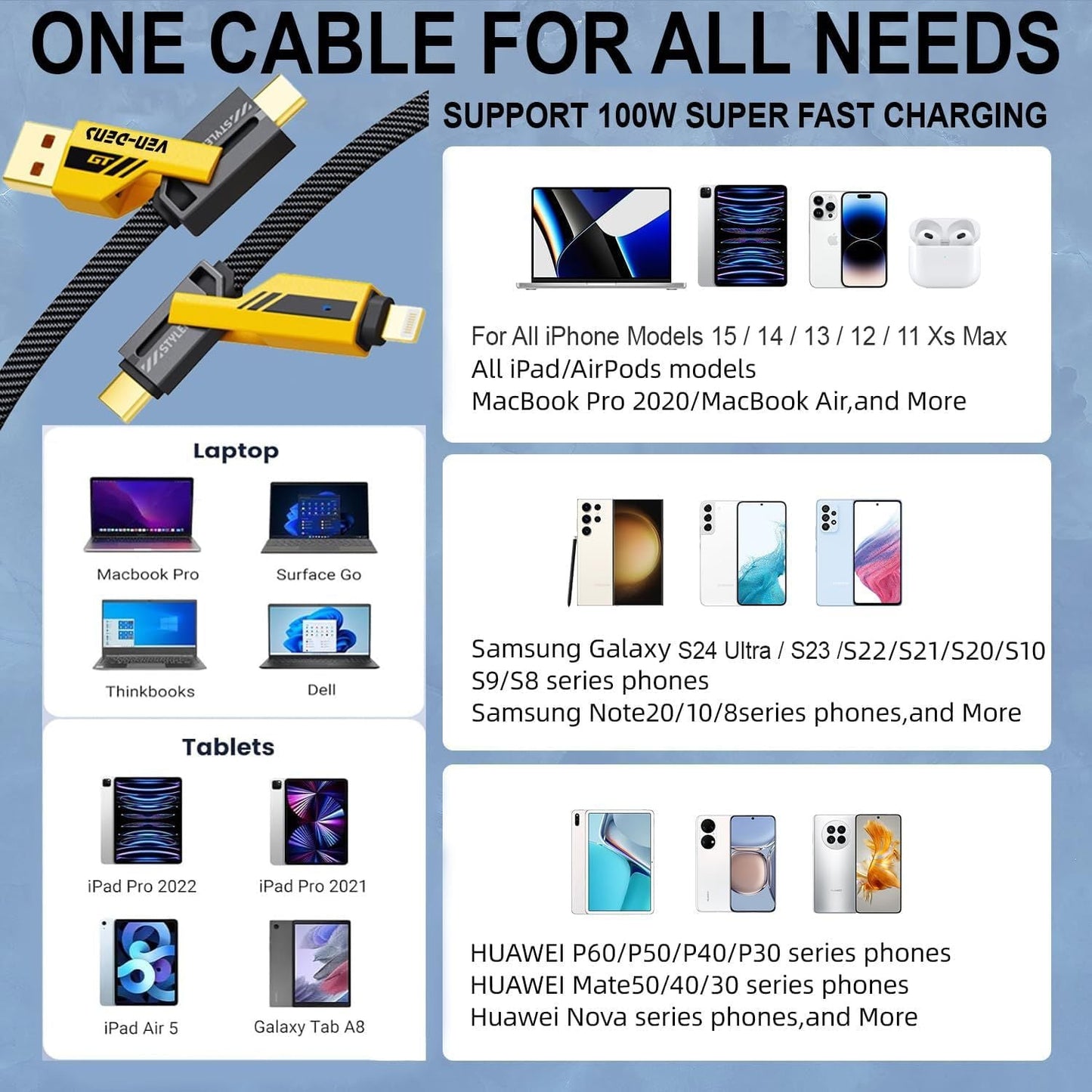 4 in 1 Car Charging Cable for Ultimate On-the-Go Power Solutions