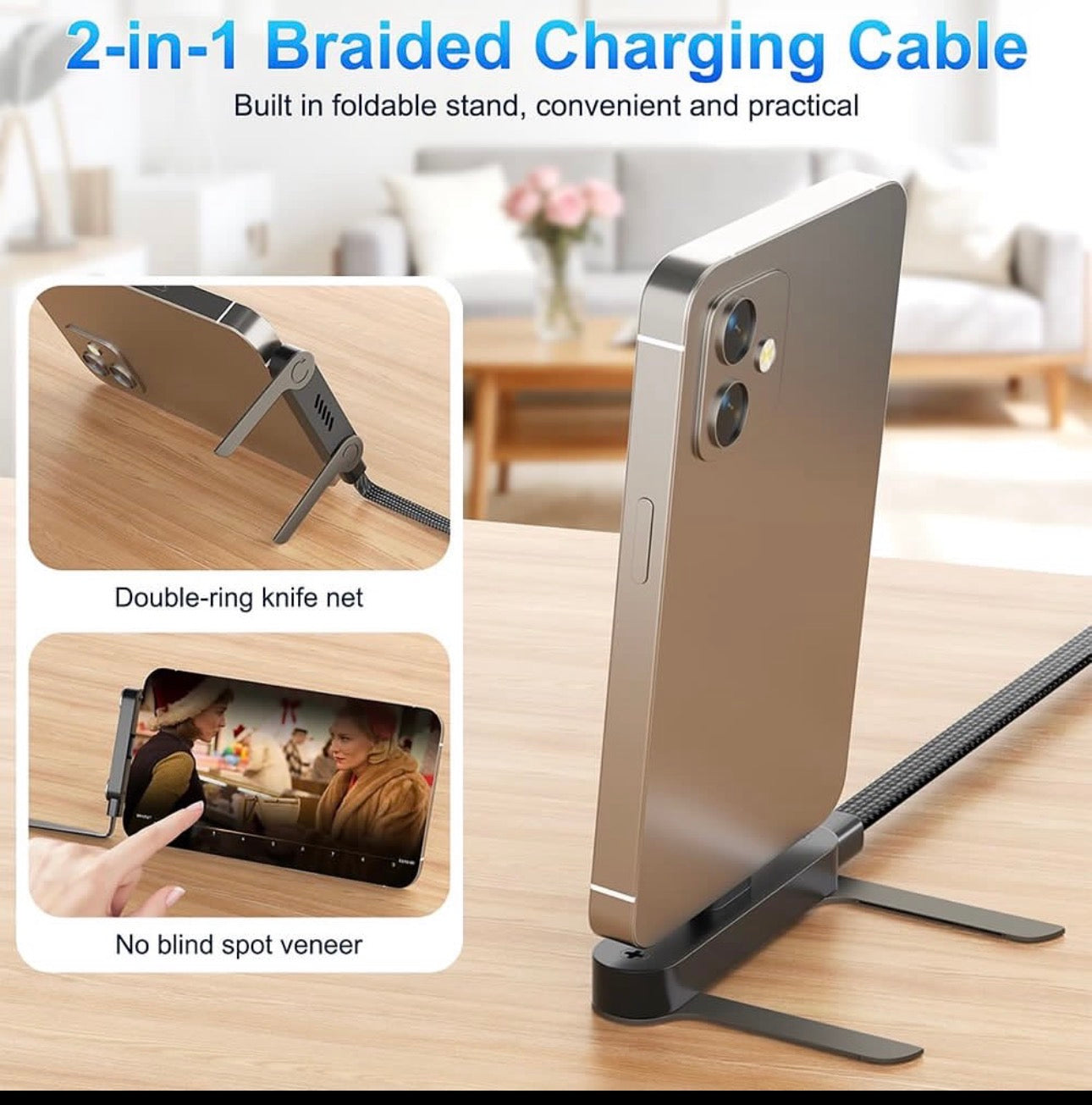 240W Fast Charging Type-C Cable with Foldable Phone Holder | Magnetic Rotating Stand Cable | Durable Braided USB-C Charger