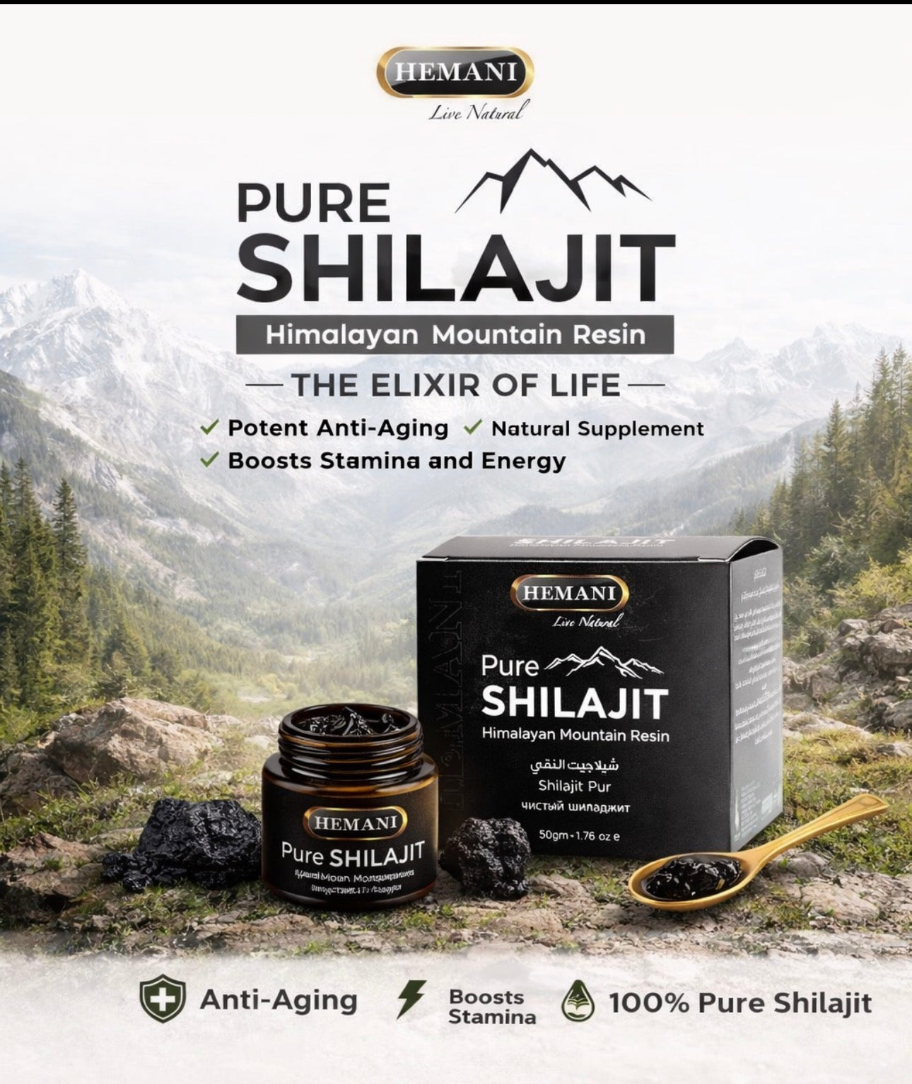 Pure Shilajit – Himalayan Mountain Resin | Energy, Stamina & Anti-Aging Natural Supplement (50g)