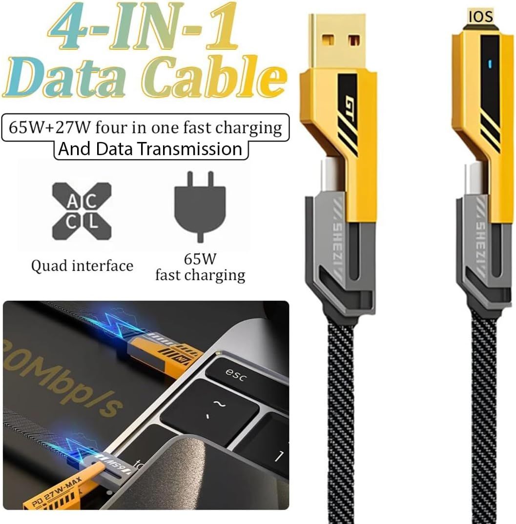 4 in 1 Car Charging Cable for Ultimate On-the-Go Power Solutions