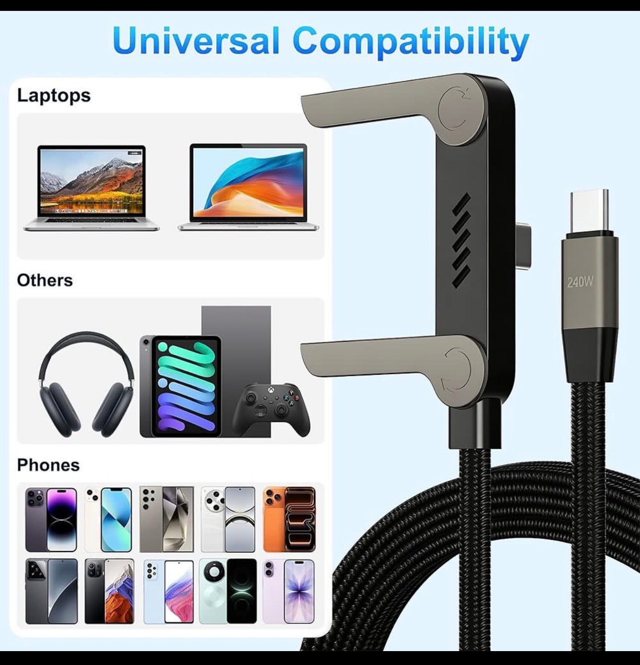 240W Fast Charging Type-C Cable with Foldable Phone Holder | Magnetic Rotating Stand Cable | Durable Braided USB-C Charger